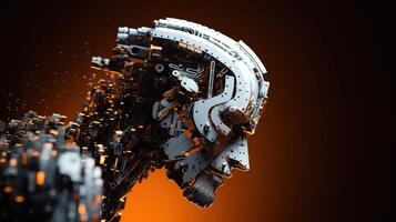 Artificial intelligence. Scattering head profile of a chromed robot, orange background. . photo