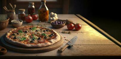 Pizza Capricciosa, sliced, dark background. Traditional Italian cuisine. AI generated. photo