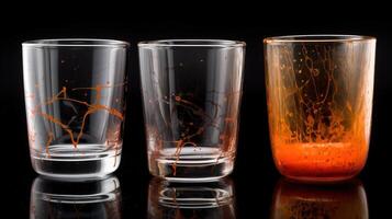 Dirty unwashed dishes with leftover food. Clutter concept. Dark background, isolate. . photo