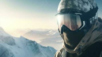 Skier in glasses close-up, background of snow-covered ski peaks of the mountains. AI generated. photo