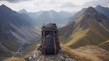 Tourist backpack isolate, mountain peaks background, outdoor activities. . photo