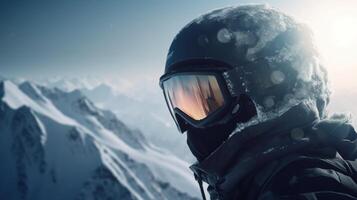 Skier in glasses close-up, background of snow-covered ski peaks of the mountains. . photo