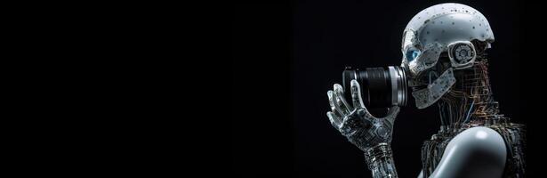 Robot, artificial intelligence, takes pictures with a camera, the concept of Photographer Day. . photo