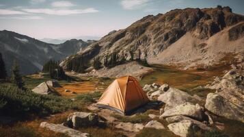 Tourist tent on the plateau, mountains tops background, outdoor activities. . photo
