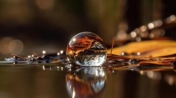 World photography day, forest reflection in dewdrop on green leaf. AI generated. photo