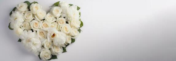 White roses in the form of a heart, greeting card for the wedding, Valentine. AI generated. photo