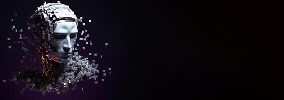 Artificial intelligence. Scattering head profile of a chrome-plated robot, black background. . photo