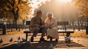 abuelos día. un mayor Pareja en el parque en un banco alimentar palomas ai generado. foto