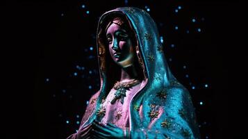 virgen del carmen católico religioso día festivo, hembra estatua en contra el noche cielo. ai generado. foto