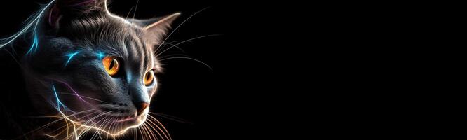 International cat day, fluffy cat close-up with effects. Pet, dark background, close-up. . photo