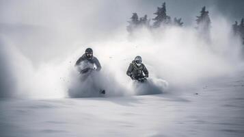 Group of skiers athletes compete going down from ski mountain. . photo