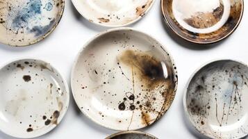 Dirty unwashed dishes with leftover food. Clutter concept. White background, isolate. . photo