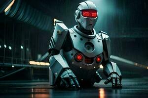 dañado roto rojo robot con brillante ojos Ciencias ficción futuro, futurista tecnología, metal, ai generado foto