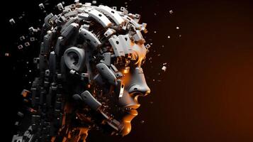 Artificial intelligence. Scattering head profile of a chromed robot, orange background. . photo