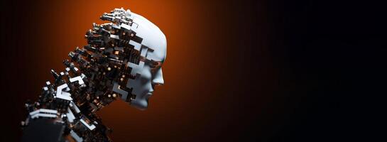 Artificial intelligence. Scattering head profile of a chromed robot, orange background. . photo