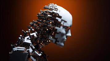 Artificial intelligence. Scattering head profile of a chromed robot, orange background. . photo