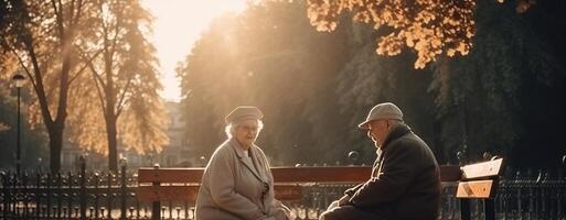 Grandparents Day. An elderly couple in the park on a bench feed pigeons. AI generated. photo