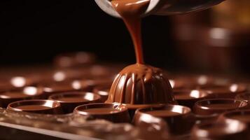 Chocolate Day, a jet of liquid chocolate is poured over various candies. AI generated. photo