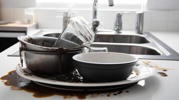 Dirty unwashed dishes with leftover food. Kitchen interior, sink. AI generated. photo