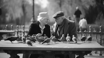 abuelos día. un mayor Pareja en un parque en un banco alimentar palomas, monocromo. ai generado. foto