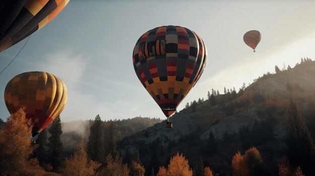 Colored balloons fly in the clouds in the sun over the mountains, hills. . photo