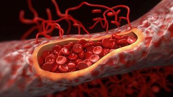Blood vessel, hemoglobin close-up. Medical venous structure, dark background. . photo