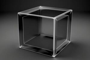 Empty podium pedestal transparent cube for product presentation, dark background. AI generated. photo