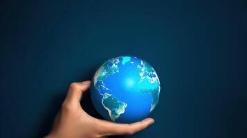 World Humanitarian Day, concept miniature planet in blue glow, dark background. . photo