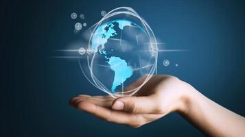 World Humanitarian Day, concept miniature planet in blue glow, dark background. . photo