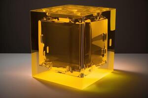 Empty podium pedestal black and yellow transparent cube for product presentation. . photo