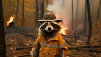 mapache en formar de bombero pone fuera fuego, antecedentes es bosque fumar. ai generado. foto