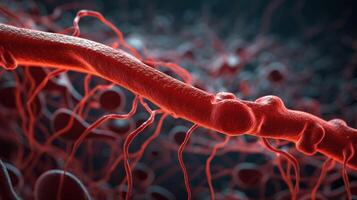 Blood vessel, hemoglobin close-up. Medical venous structure, dark background. . photo
