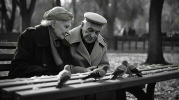 Grandparents Day. An elderly couple in a park on a bench feed pigeons, monochrome. AI generated. photo