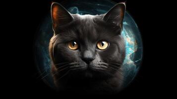 International cat day, fluffy cat close-up with effects. Pet, dark background, close-up. AI generated. photo