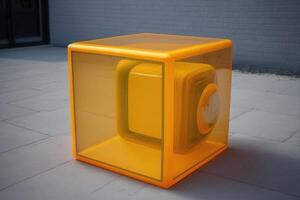 Empty podium pedestal yellow transparent cube for product presentation. . photo