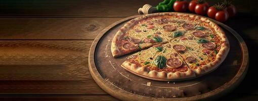 Pizza Capricciosa, sliced, dark background. Traditional Italian cuisine. AI generated. photo