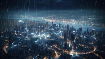 Digital society of future. Modern technological city. . photo