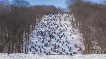 Group of skiers athletes compete going down from ski mountain. . photo