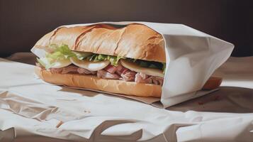 Fresh sandwich with ham, cheese, tomatoes, fast food on plate in wrapping paper. . photo