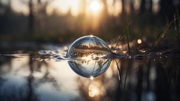 World photography day, forest reflection in dewdrop on green leaf. AI generated. photo