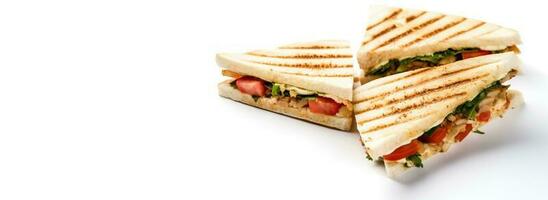 Fresh sandwich with ham, cheese, tomatoes, fast food on white background, isolate. AI generated. photo