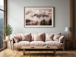 Mockup poster in living room Scandinavian style 3d , Mockups Design 3D, High-quality Mockups, Generative Ai photo