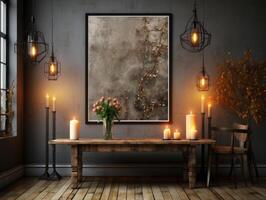 Mock-up poster in dark interior background , Mockups Design 3D, High-quality Mockups, photo