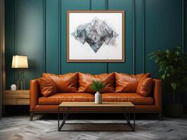 Mockup Frame Close Up In Dark Farmhouse Living Room , Mockups Design 3D, High-quality Mockups, Generative Ai photo