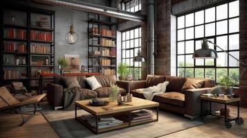 Living room loft in industrial style 3d render, Generative Ai photo