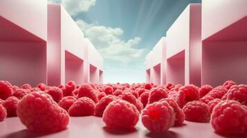 Surreal composition with raspberry in minimalism on vivid background photo