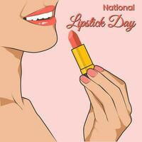 ilustración de un mujer aplicando rojo lápiz labial adecuado para nacional lápiz labial día vector