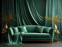 Home Interior Mockup With Green Sofa Rope Curtains , Mockups Design 3D, High-quality Mockups, Generative Ai photo