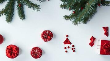 3d rendering of top view Christmas background with Gifts, fir tree branches, red decorations on white background. photo