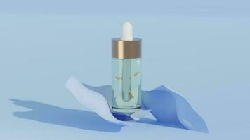 3D illustration of a dropper bottle containing pure serum and a golden plane decorated with light blue fluttering fabric. photo